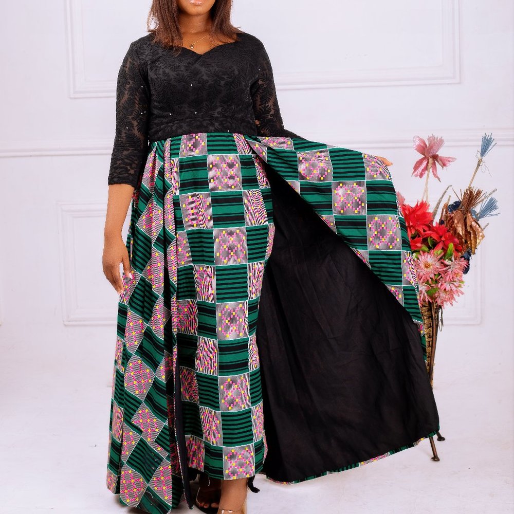 Black african pink green print evening maxi dress with lace ngoun bang